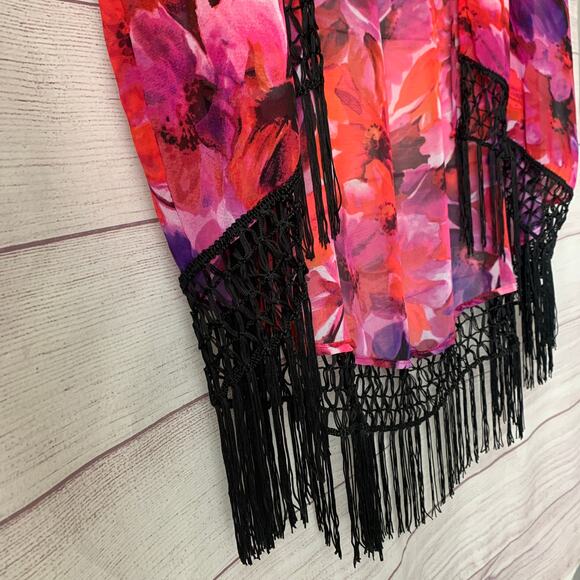 Catalina Pink and Red Floral Swimsuit Cover Up Fringe Cardigan Kimono Size L - Picture 16 of 16
